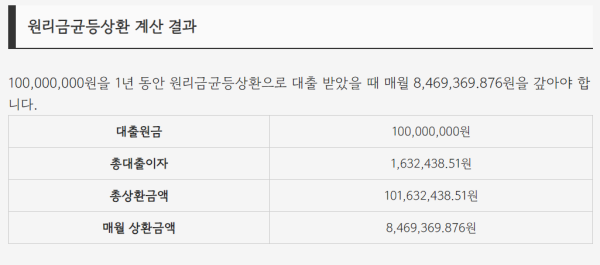 원리금균등상환계산기 결과